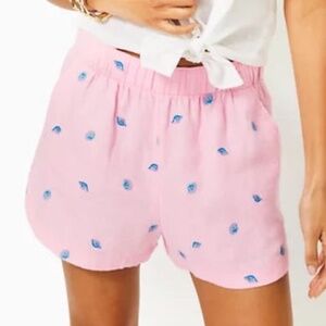 Lilly Pulitzer 100% linen Elodey shorts Gone Shellin embroidery 3" inseam